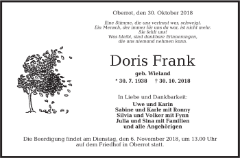 Traueranzeige von Doris Frank von Rundschau Gaildorf