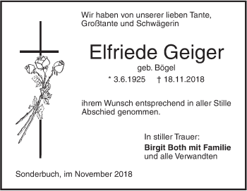 Traueranzeige von Elfriede Geiger von SÜDWEST PRESSE