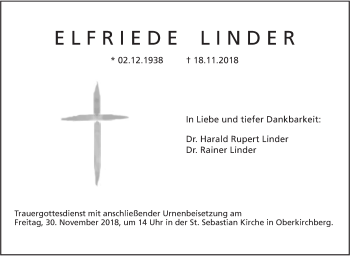 Traueranzeige von Elfriede Linder von SÜDWEST PRESSE Ausgabe Ulm/Neu-Ulm