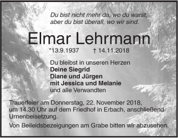 Traueranzeige von Elmar Lehrmann von SÜDWEST PRESSE Ausgabe Ulm/Neu-Ulm