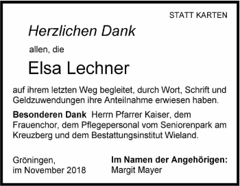 Traueranzeige von Elsa Lechner von Hohenloher Tagblatt