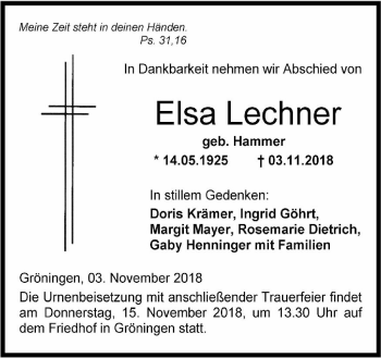 Traueranzeige von Elsa Lechner von Hohenloher Tagblatt