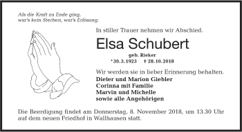 Traueranzeige von Elsa Schubert von Hohenloher Tagblatt