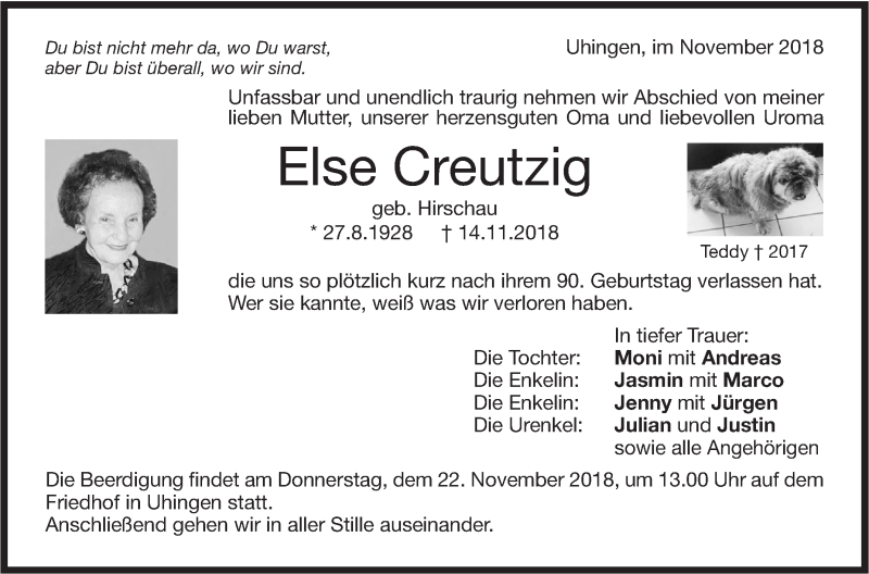  Traueranzeige für Else Creutzig vom 19.11.2018 aus NWZ Neue Württembergische Zeitung