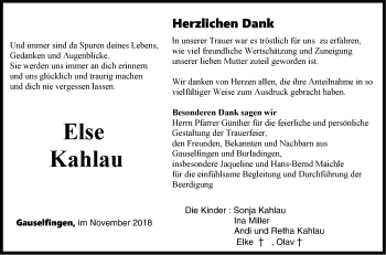 Traueranzeige von Else Kahlau von Hohenzollerische Zeitung