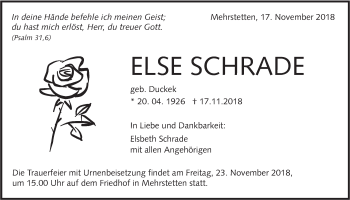 Traueranzeige von Else Schrade von Alb-Bote/Metzinger-Uracher Volksblatt