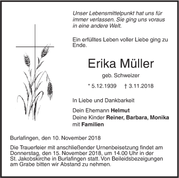 Traueranzeige von Erika Müller von SÜDWEST PRESSE Ausgabe Ulm/Neu-Ulm