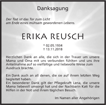 Traueranzeige von Erika Reusch von Metzinger-Uracher Volksblatt