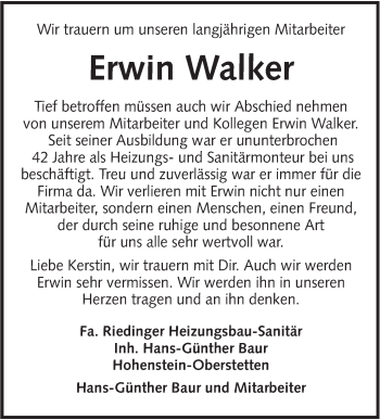 Traueranzeige von Erwin Walker von Alb-Bote/Metzinger-Uracher Volksblatt