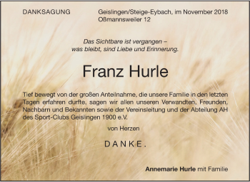 Traueranzeige von Franz Hurle von Geislinger Zeitung