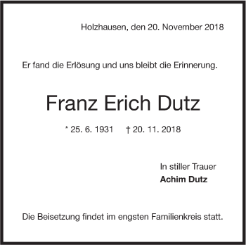 Traueranzeige von Franz Erich Dutz von NWZ Neue Württembergische Zeitung