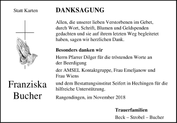 Traueranzeige von Franziska Bucher von Hohenzollerische Zeitung