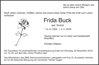 Traueranzeige von Frida Buck von SÜDWEST PRESSE Ausgabe Ulm/Neu-Ulm