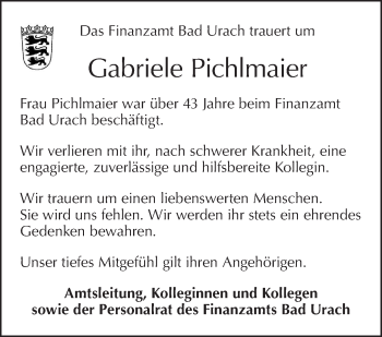 Traueranzeige von Gabriele Pichlmaier von Metzinger-Uracher Volksblatt