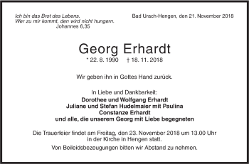 Traueranzeige von Georg Erhardt von Metzinger-Uracher Volksblatt