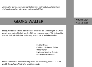 Traueranzeige von Georg Walter von SÜDWEST PRESSE Ausgabe Ulm/Neu-Ulm