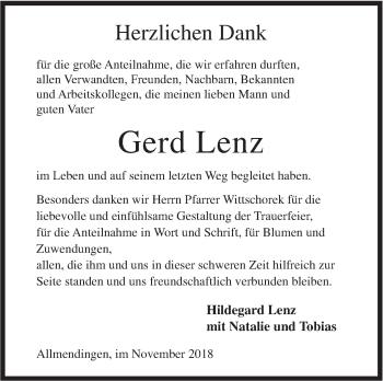 Traueranzeige von Gerd Lenz von Ehinger Tagblatt