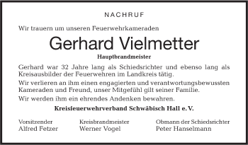 Traueranzeige von Gerhard Vielmetter von Haller Tagblatt