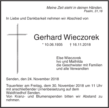 Traueranzeige von Gerhard Wieczorek von SÜDWEST PRESSE Ausgabe Ulm/Neu-Ulm