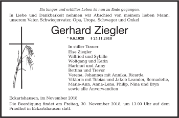 Traueranzeige von Gerhard Ziegler von Haller Tagblatt