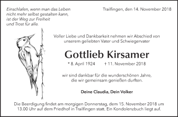 Traueranzeige von Gottlieb Kirsamer von Metzinger-Uracher Volksblatt