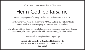 Traueranzeige von Gottlieb Kirsamer von Metzinger-Uracher Volksblatt