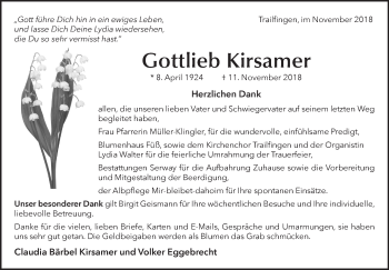 Traueranzeige von Gottlieb Kirsamer von Metzinger-Uracher Volksblatt