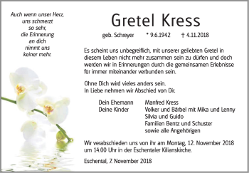 Traueranzeige von Gretel Kress von Haller Tagblatt