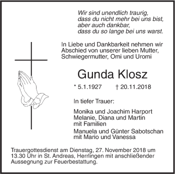 Traueranzeige von Gunda Klosz von SÜDWEST PRESSE Ausgabe Ulm/Neu-Ulm