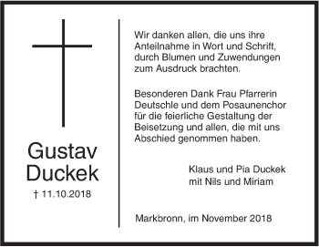 Traueranzeige von Gustav Duckek von SÜDWEST PRESSE Ausgabe Ulm/Neu-Ulm