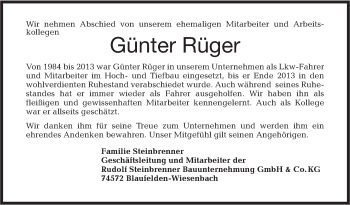 Traueranzeige von Günther Rüger von Hohenloher Tagblatt