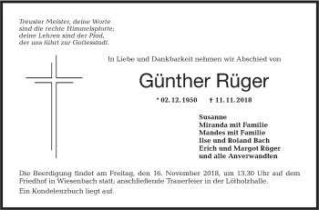 Traueranzeige von Günther Rüger von Hohenloher Tagblatt