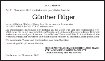 Traueranzeige von Günther Rüger von Hohenloher Tagblatt