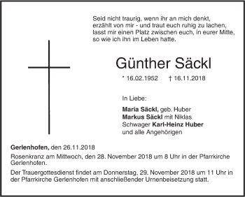 Traueranzeige von Günther Säckl von SÜDWEST PRESSE Ausgabe Ulm/Neu-Ulm