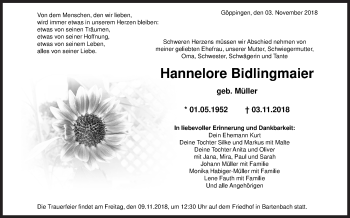 Traueranzeige von Hannelore Bidlingmaier von NWZ Neue Württembergische Zeitung