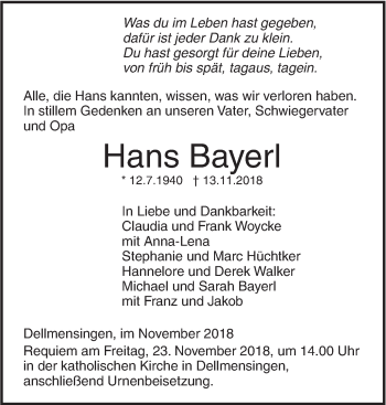 Traueranzeige von Hans Bayerl von SÜDWEST PRESSE Ausgabe Ulm/Neu-Ulm