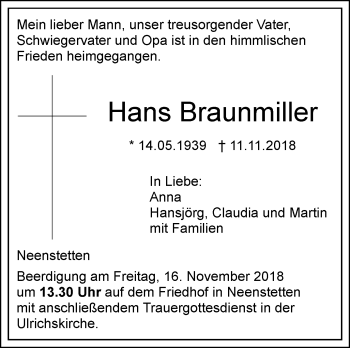 Traueranzeige von Hans Braunmiller von SÜDWEST PRESSE Ausgabe Ulm/Neu-Ulm