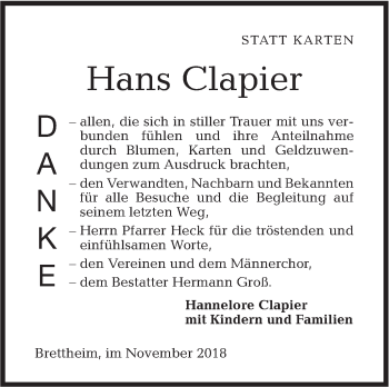 Traueranzeige von Hans Clapier von Hohenloher Tagblatt