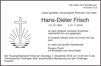 Traueranzeige von Hans-Dieter Frisch von SÜDWEST PRESSE Ausgabe Ulm/Neu-Ulm