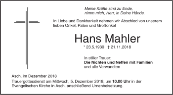 Traueranzeige von Hans Mahler von SÜDWEST PRESSE Ausgabe Ulm/Neu-Ulm