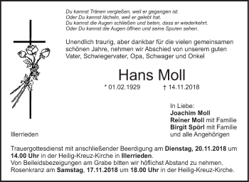 Traueranzeige von Hans Moll von Illertal Bote