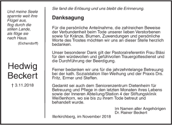 Traueranzeige von Hedwig Beckert von SÜDWEST PRESSE Ausgabe Ulm/Neu-Ulm