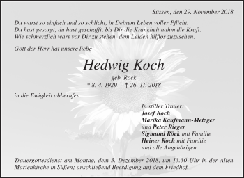 Traueranzeige von Hedwig Koch von NWZ Neue Württembergische Zeitung/Geislinger Zeitung