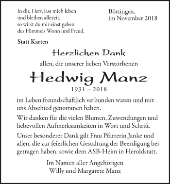 Traueranzeige von Hedwig Manz von Alb-Bote/Metzinger-Uracher Volksblatt