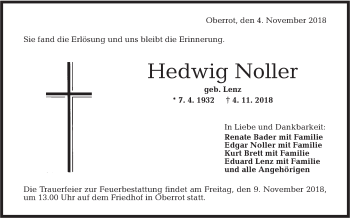 Traueranzeige von Hedwig Noller von Rundschau Gaildorf