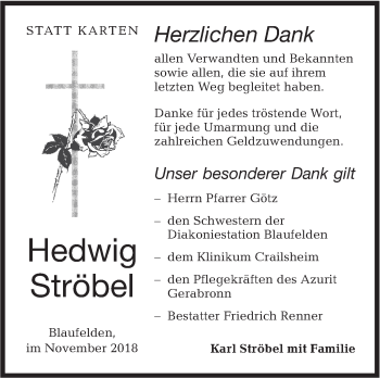 Traueranzeige von Hedwig Strobel von Hohenloher Tagblatt