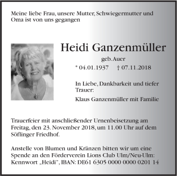 Traueranzeige von Heidi Ganzenmüller von SÜDWEST PRESSE Ausgabe Ulm/Neu-Ulm