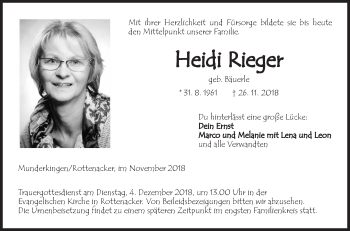 Traueranzeige von Heidi Rieger von Ehinger Tagblatt