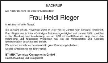 Traueranzeige von Heidi Rieger von Ehinger Tagblatt