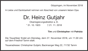 Traueranzeige von Heinz Gutjahr von NWZ Neue Württembergische Zeitung